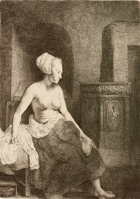 Rembrandt van Rijn | Kvinde sidder halvt påklædt ved siden af ​​et komfur - 1658 | Indrammet kunsttryk | Barok | formida