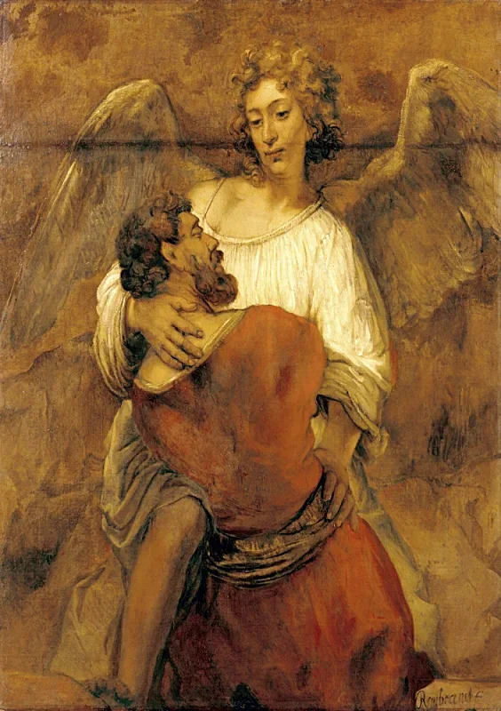 Rembrandt van Rijn | Giacomo o se batte con l'Angelo - 1659 | Indrammet kunsttryk | Barok | formida