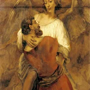 Rembrandt van Rijn | Giacomo o se batte con l'Angelo - 1659 | Indrammet kunsttryk | Barok | formida