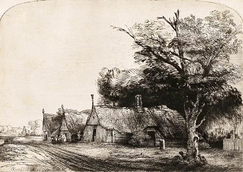 Rembrandt van Rijn | Landskab med tre gavlhuse langs en vej - 1650 | Indrammet kunsttryk | Barok | formida