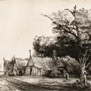Rembrandt van Rijn | Landskab med tre gavlhuse langs en vej - 1650 | Indrammet kunsttryk | Barok | formida