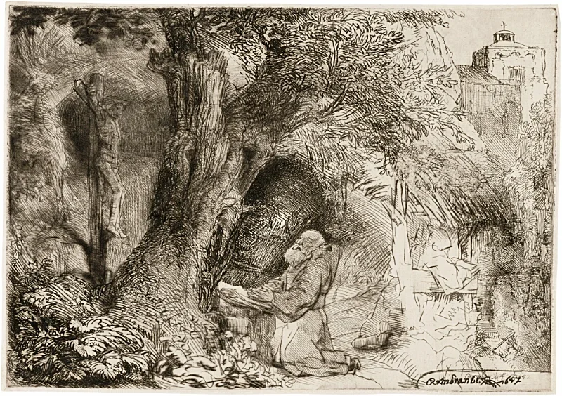 Rembrandt van Rijn | Sankt Frans beder under et træ - 1657 | Indrammet kunsttryk | Barok | formida