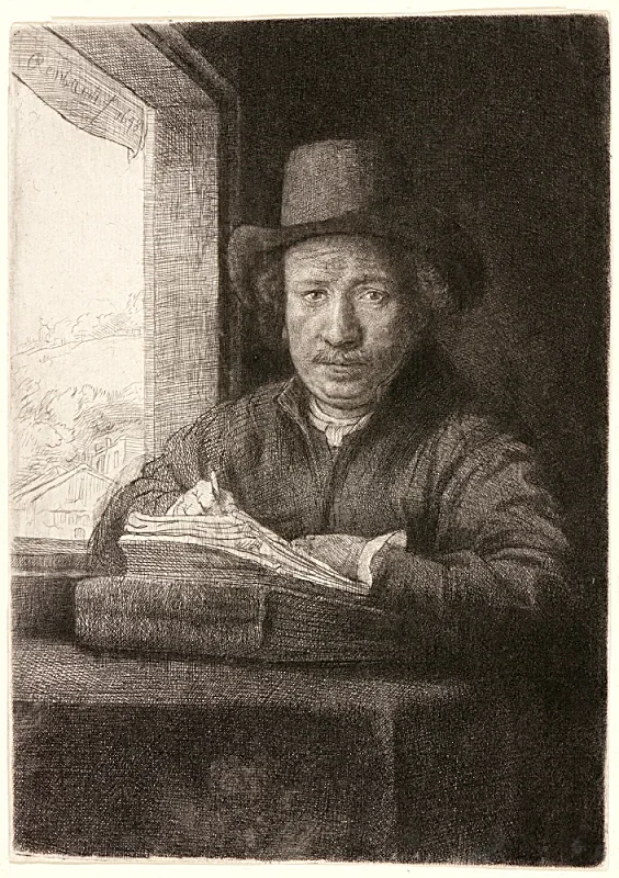 Rembrandt van Rijn | Rembrandt zeichnet am Fenster – 1648 | Gerahmter Kunstdruck | Barock | formida