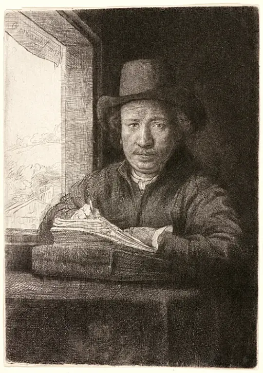 Rembrandt van Rijn | Rembrandt zeichnet am Fenster – 1648 | Gerahmter Kunstdruck | Barock | formida