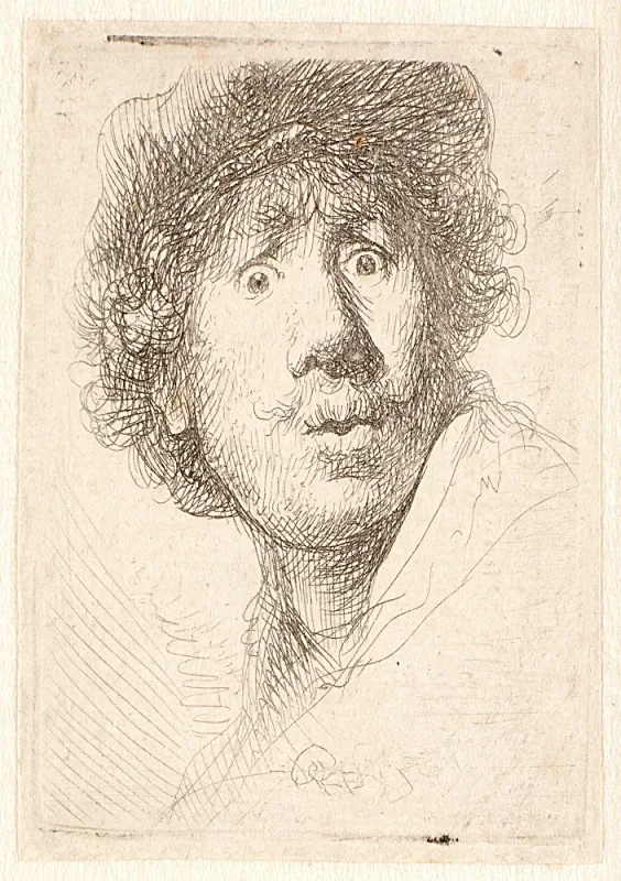 Rembrandt van Rijn | Rembrandt med kasket, åben mund og stirrende - 1630 | Indrammet kunsttryk | Barok | formida
