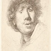 Rembrandt van Rijn | Rembrandt med kasket, åben mund og stirrende - 1630 | Indrammet kunsttryk | Barok | formida
