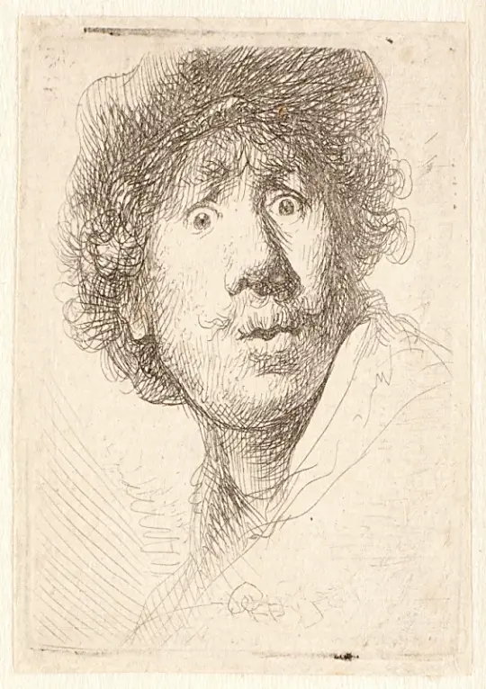 Rembrandt van Rijn | Rembrandt med kasket, åben mund og stirrende - 1630 | Indrammet kunsttryk | Barok | formida