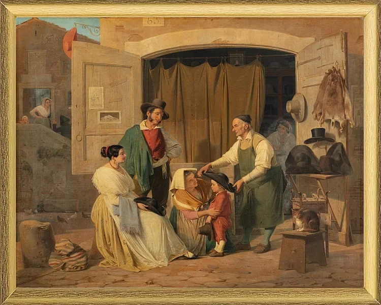 Römische Bauern kaufen einen Hut für ihren kleinen Sohn – 1834