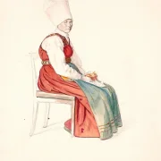 Sitzende schwedische Bäuerin mit hohem Kopfschmuck – 1851