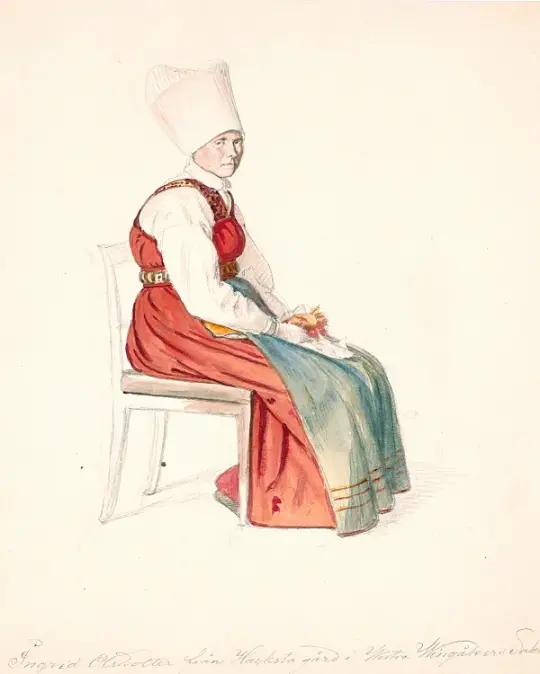 Sitzende schwedische Bäuerin mit hohem Kopfschmuck – 1851
