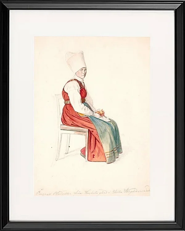 Sitzende schwedische Bäuerin mit hohem Kopfschmuck – 1851