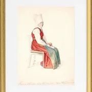 Sitzende schwedische Bäuerin mit hohem Kopfschmuck – 1851