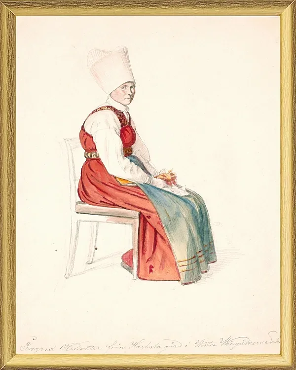 Sitzende schwedische Bäuerin mit hohem Kopfschmuck – 1851