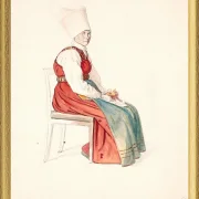 Sitzende schwedische Bäuerin mit hohem Kopfschmuck – 1851