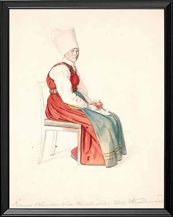 Sitzende schwedische Bäuerin mit hohem Kopfschmuck – 1851