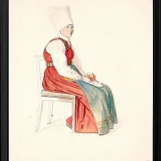 Sitzende schwedische Bäuerin mit hohem Kopfschmuck – 1851
