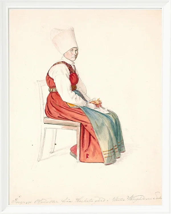 Sitzende schwedische Bäuerin mit hohem Kopfschmuck – 1851