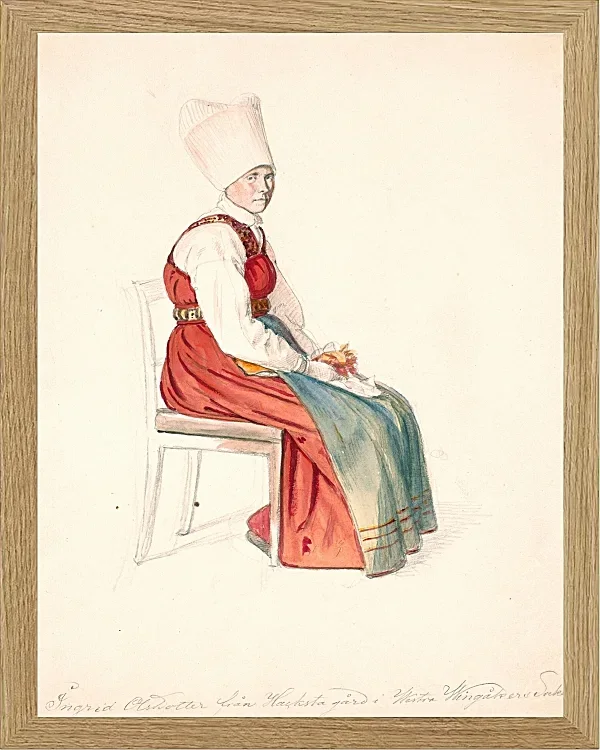 Sitzende schwedische Bäuerin mit hohem Kopfschmuck – 1851