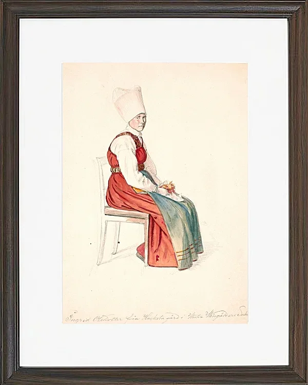Sitzende schwedische Bäuerin mit hohem Kopfschmuck – 1851