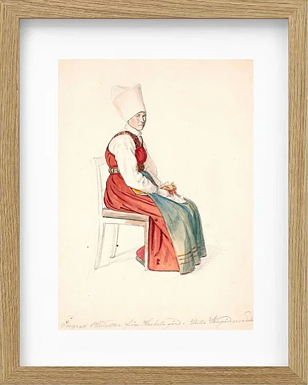 Sitzende schwedische Bäuerin mit hohem Kopfschmuck – 1851
