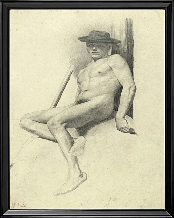 Siddende nøgen mand med hat - 1904