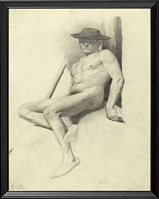 Siddende nøgen mand med hat - 1904