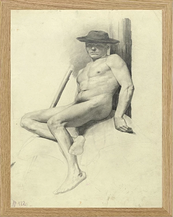 Siddende nøgen mand med hat - 1904