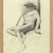 Siddende nøgen mand med hat - 1904