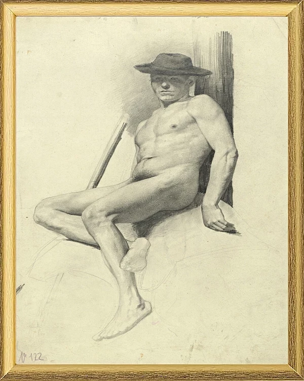 Siddende nøgen mand med hat - 1904