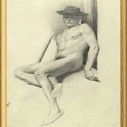 Siddende nøgen mand med hat - 1904
