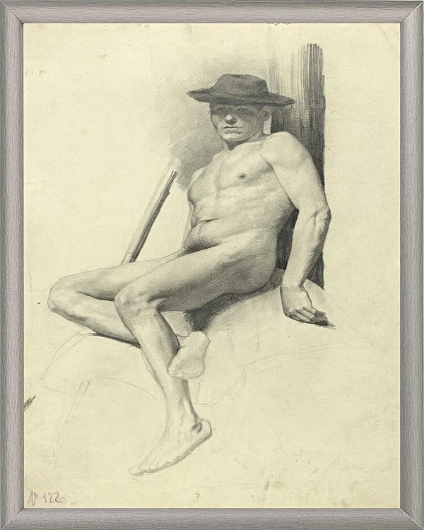 Siddende nøgen mand med hat - 1904