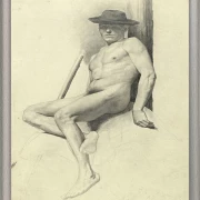 Siddende nøgen mand med hat - 1904