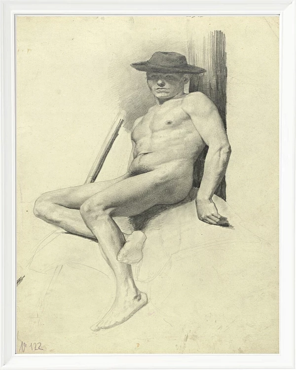 Siddende nøgen mand med hat - 1904