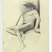 Siddende nøgen mand med hat - 1904