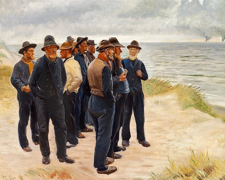 Skagen Fischer am Strand mit Blick aufs Meer – 1925