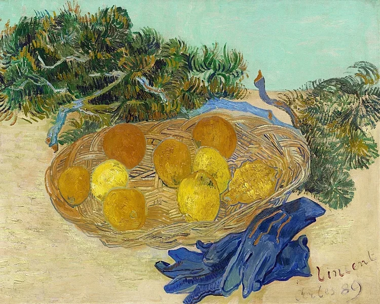 Stilleben af appelsiner og citroner med blå handsker - 1889