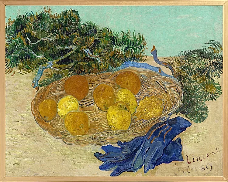 Stilleben af appelsiner og citroner med blå handsker - 1889