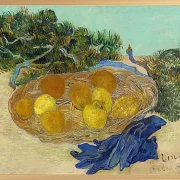 Stilleben af appelsiner og citroner med blå handsker - 1889