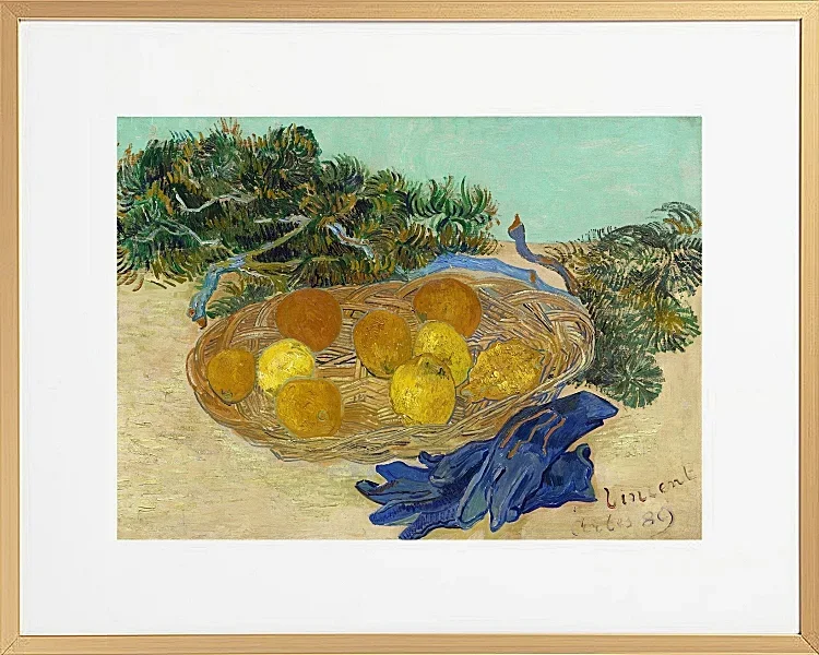 Stilleben af appelsiner og citroner med blå handsker - 1889
