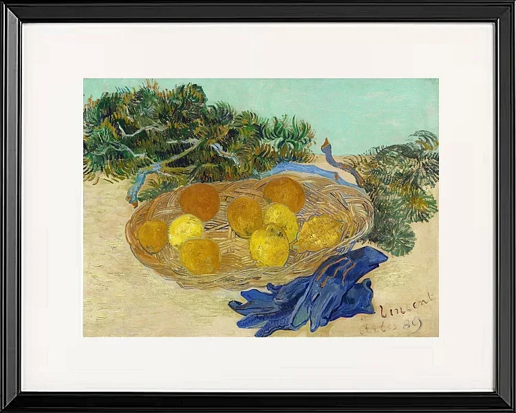 Stilleben af appelsiner og citroner med blå handsker - 1889
