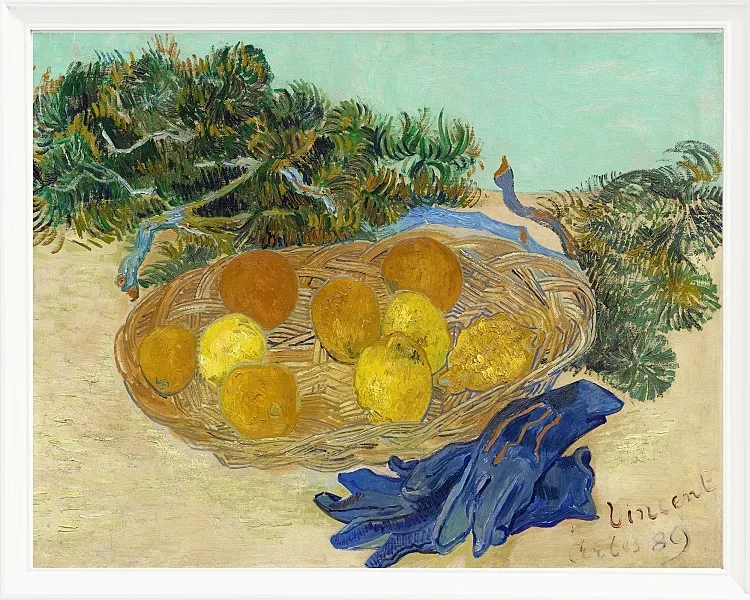 Stilleben af appelsiner og citroner med blå handsker - 1889