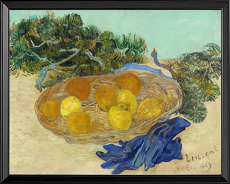 Stilleben af appelsiner og citroner med blå handsker - 1889