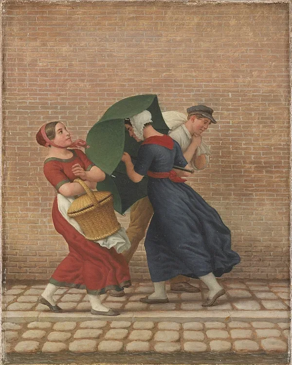 Straßenszene bei windigem und regnerischem Wetter - 1846