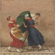 Straßenszene bei windigem und regnerischem Wetter - 1846