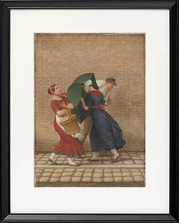 Straßenszene bei windigem und regnerischem Wetter - 1846