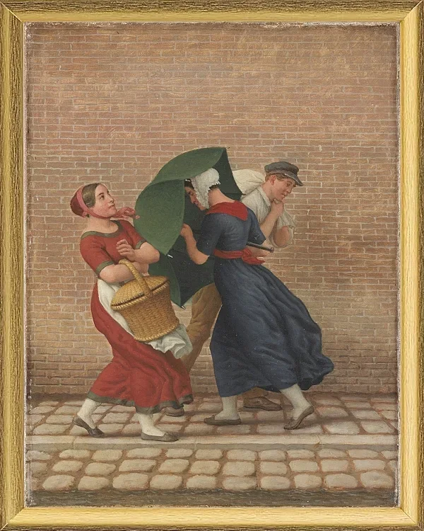 Straßenszene bei windigem und regnerischem Wetter - 1846