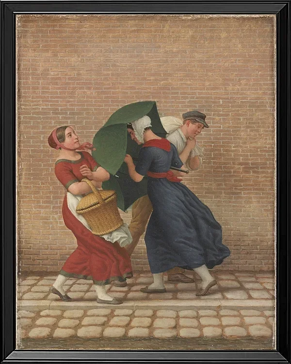 Straßenszene bei windigem und regnerischem Wetter - 1846