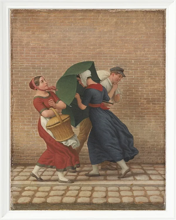 Straßenszene bei windigem und regnerischem Wetter - 1846