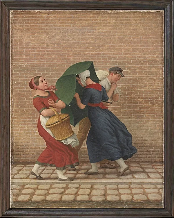 Straßenszene bei windigem und regnerischem Wetter - 1846