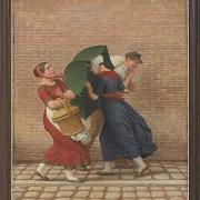 Straßenszene bei windigem und regnerischem Wetter - 1846